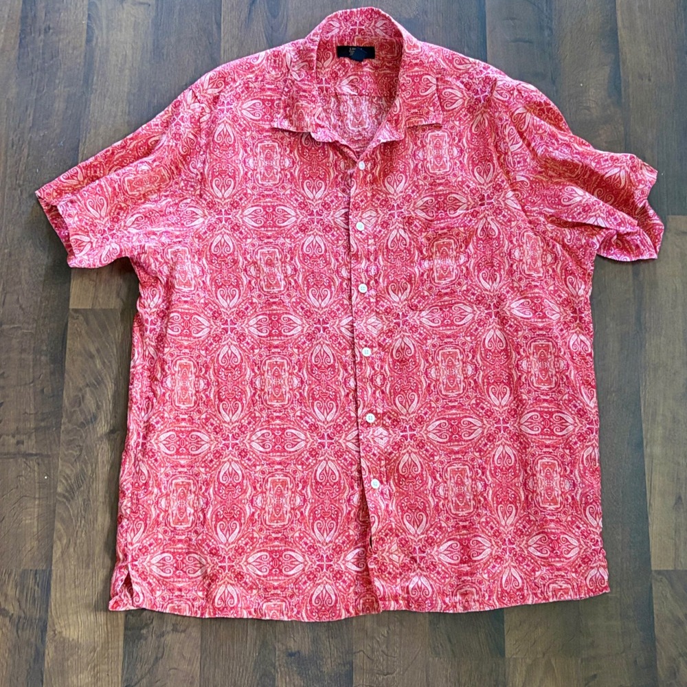 Club Room Luxury Mens XL‎ 100% Linen Short Sleeve Button Up Shirt Red Paisley